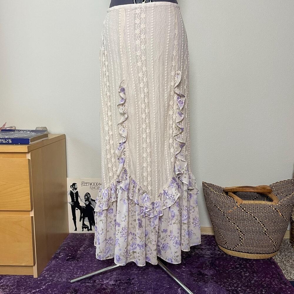 Free People white lace maxi skirt purple floral ruffles coquette cottage dainty
